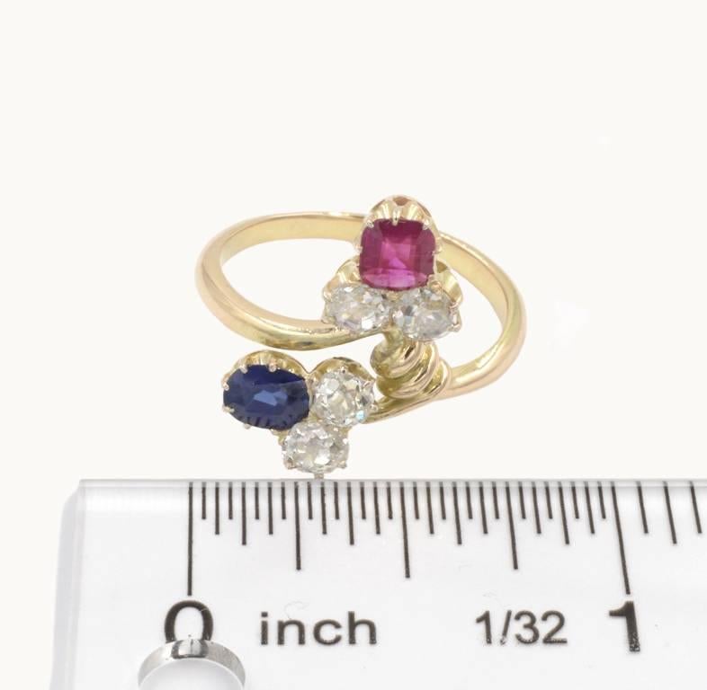 Antique Russian Diamond, Sapphire, Ruby 14 Karat Yellow Gold Ring For Sale 1