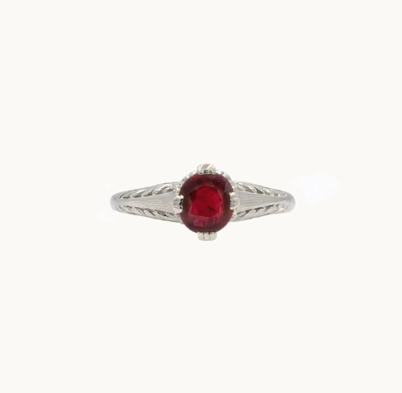 A beautiful 1.07 carat cushion cut natural Burma ruby ring (per GIA certificate) set in a platinum filigree mounting from circa 1920.  Makes a fantastic engagement ring or right-hand ring!

GIA certificate included.
Currently a US size 6.5 and