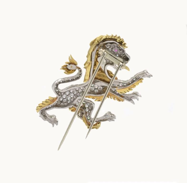 Women's or Men's JE Caldwell Diamond Lion Brooch in Platinum and 18 Karat Gold, circa 1950 For Sale
