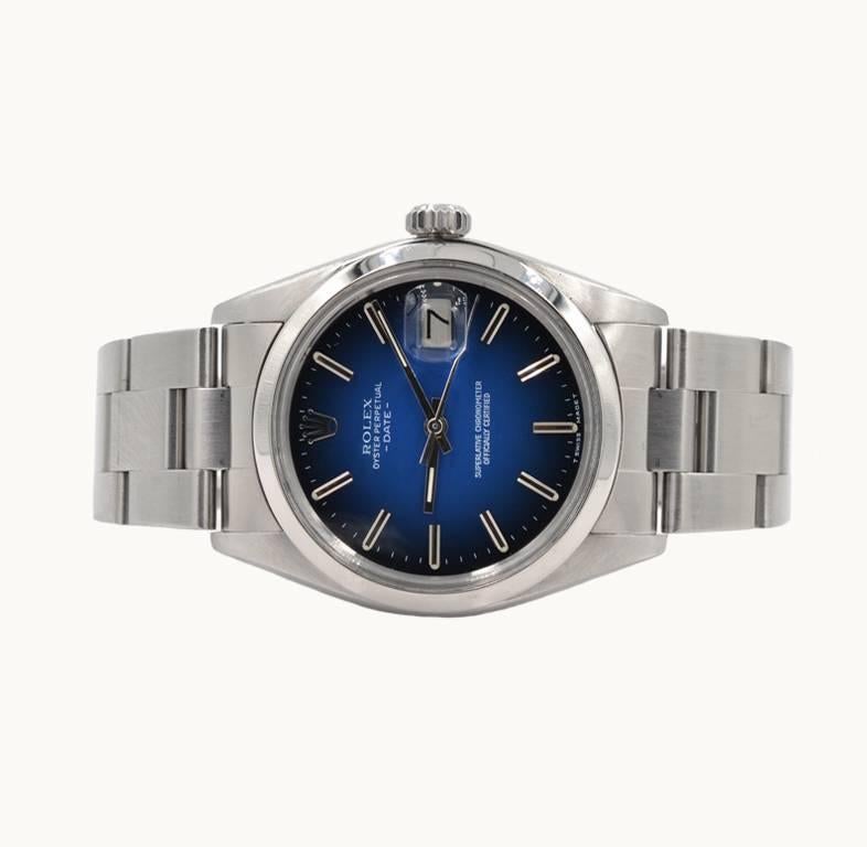 Rolex steel Date wristwatch reference 1570. This classically beautiful watch features a special blue Vignette dial, locking steel waterproof crown, plastic crystal, stainless steel oyster case and Band, foster perpetual automatic movement, case