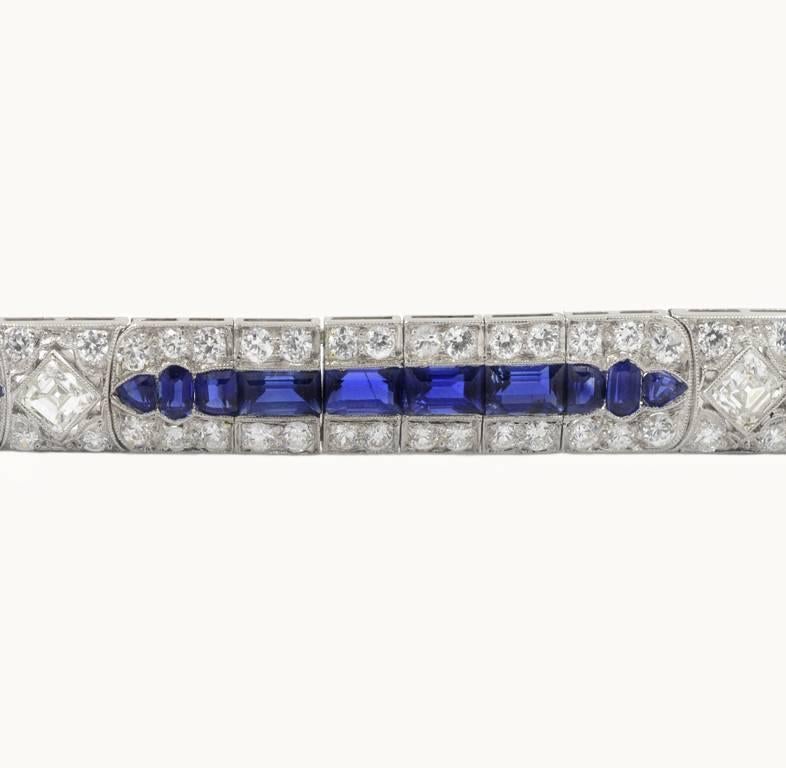 Tiffany & Co Art Deco Burma Sapphire and 11 Carat of Diamond Platinum Bracelet In Excellent Condition For Sale In Los Angeles, CA