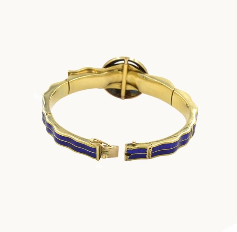 Victorian Blue Enamel and 18 Karat Gold Buckle Bangle with Rose Cut Diamonds In Excellent Condition For Sale In Los Angeles, CA