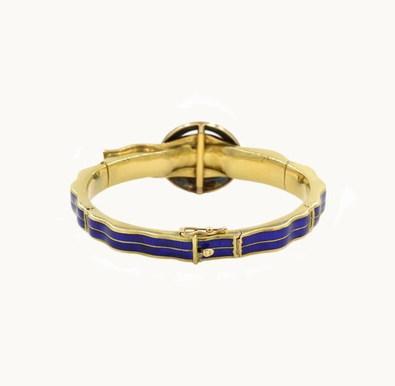 Women's Victorian Blue Enamel and 18 Karat Gold Buckle Bangle with Rose Cut Diamonds For Sale