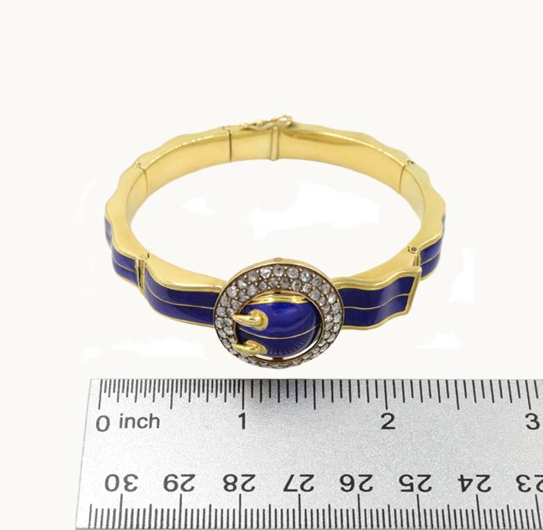 Victorian Blue Enamel and 18 Karat Gold Buckle Bangle with Rose Cut Diamonds For Sale 1