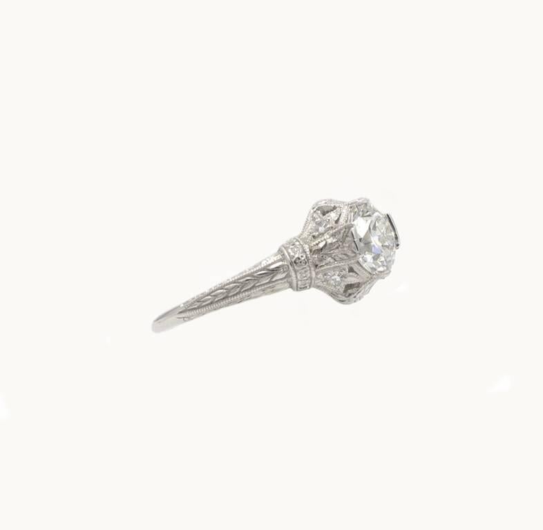Antique 0.81 Carat Old European Cut Diamond and Platinum Engagement Ring In Excellent Condition For Sale In Los Angeles, CA