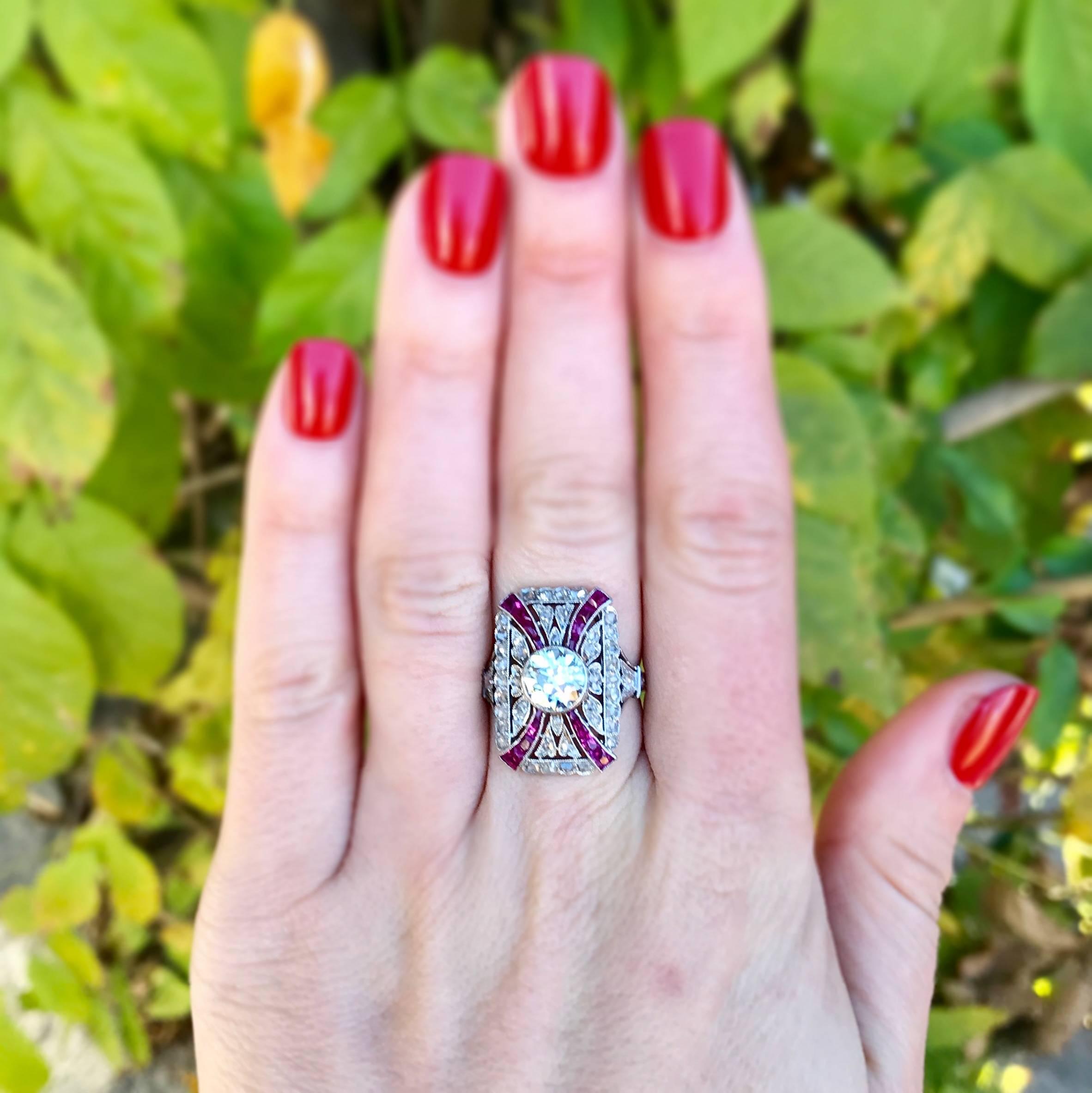 Old European Cut Edwardian Diamond and Ruby Platinum Ring, circa 1910 For Sale