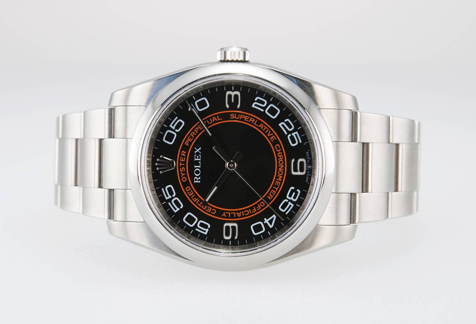 Rolex Stainless Steel Oyster Orange/Black dial Perpetual Wristwatch Ref 116000 In Excellent Condition In Los Angeles, CA