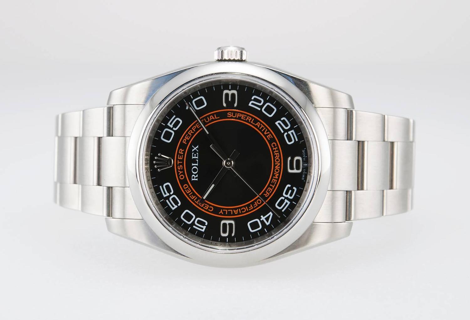 Rolex Stainless Steel Oyster Orange/Black dial Perpetual Wristwatch Ref 116000 at 1stdibs