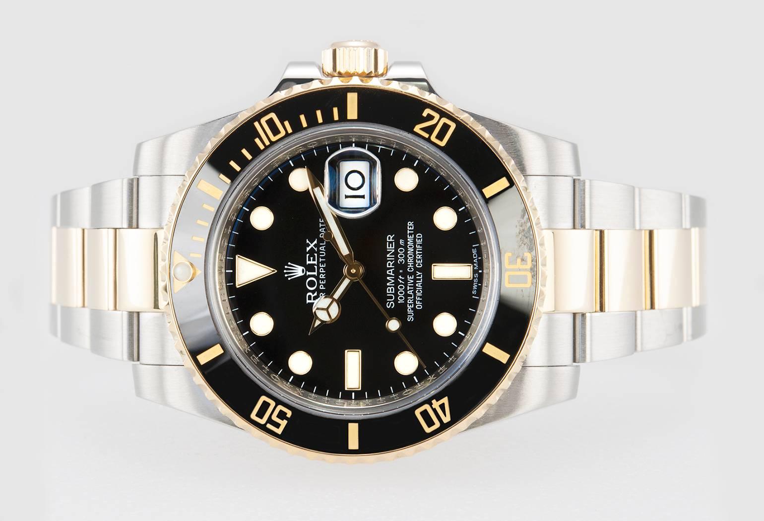 Women's or Men's Rolex Yellow Gold Stainless Steel Submariner Wristwatch Ref 116613 For Sale