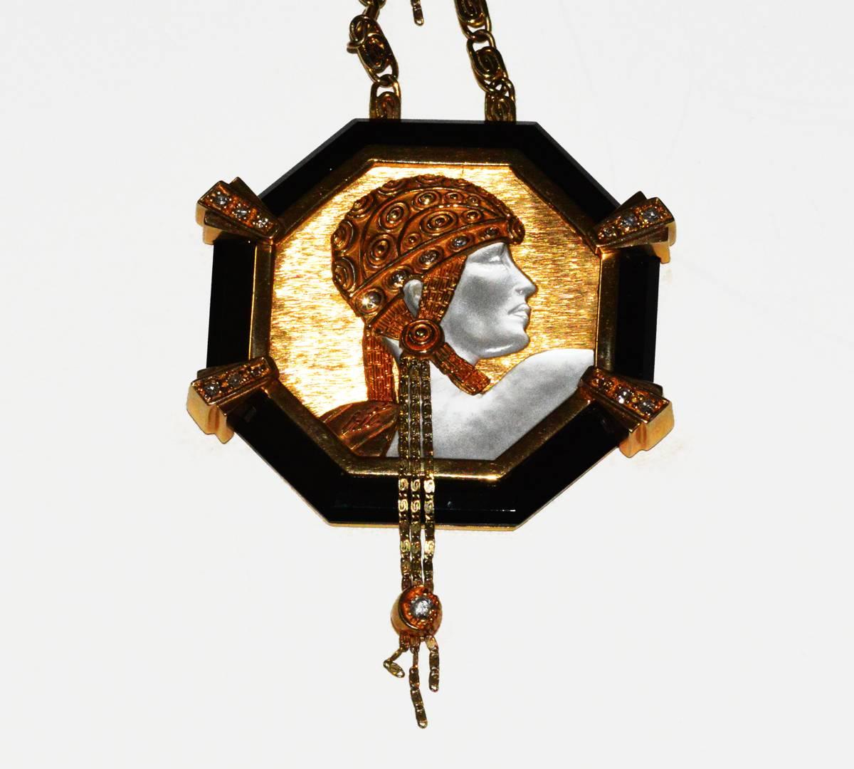 Erte Adventurine Gold, Onyx and Diamond Pendant, CFA, 1980s in pristine condition.