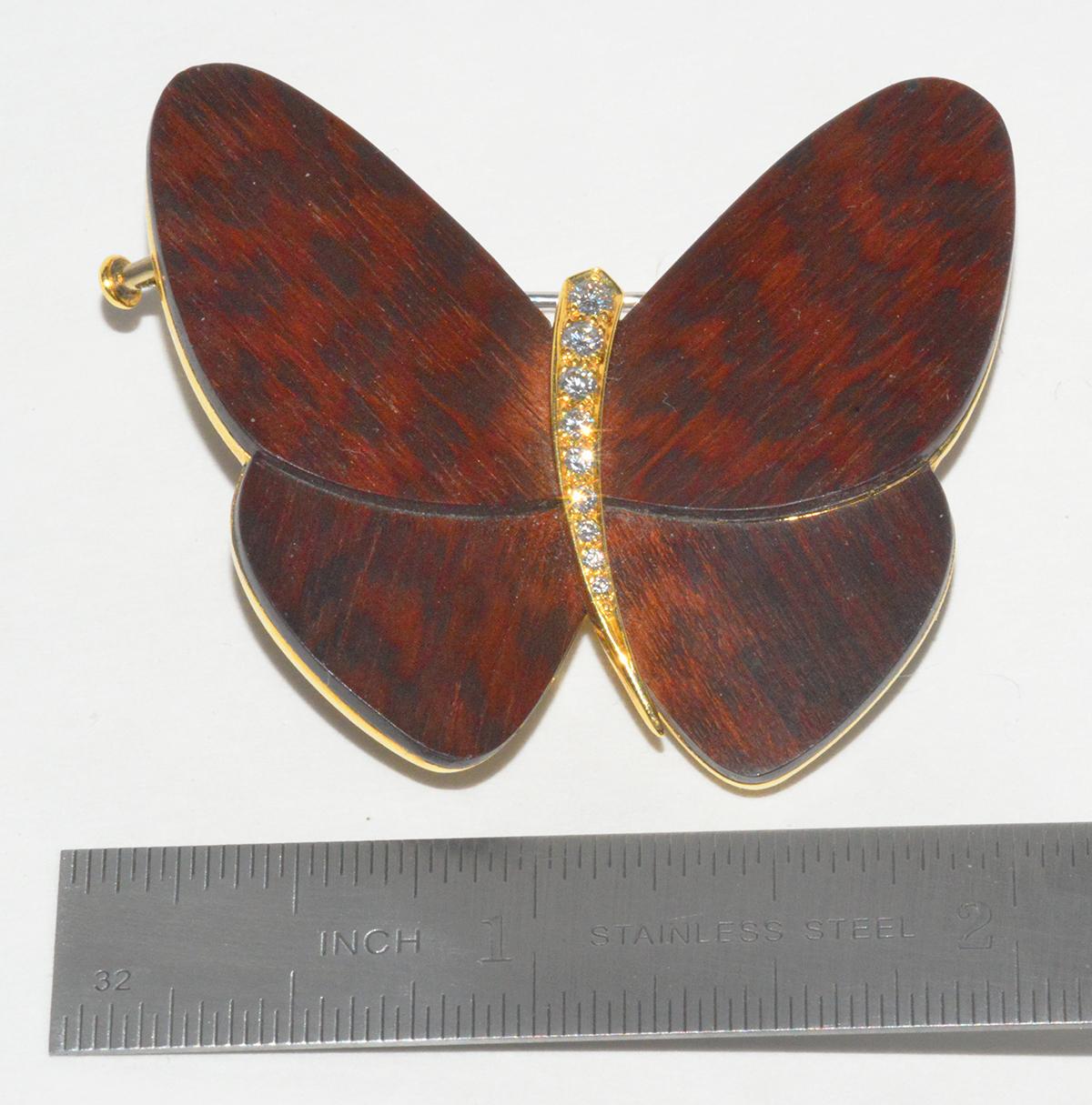 Rare, Large, VCA wood butterfly brooch in 18K with diamond accents.