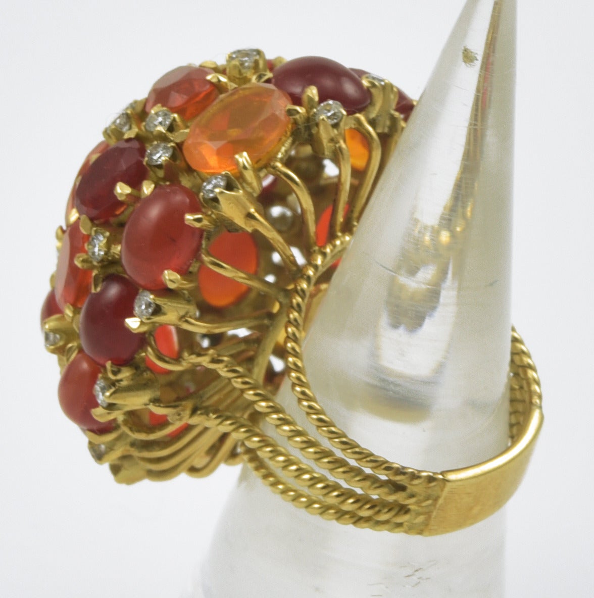 Magnificent 18K handmade fire opal and diamond cocktail ring. Signed Virginia Witbeck, circa 1990s.
