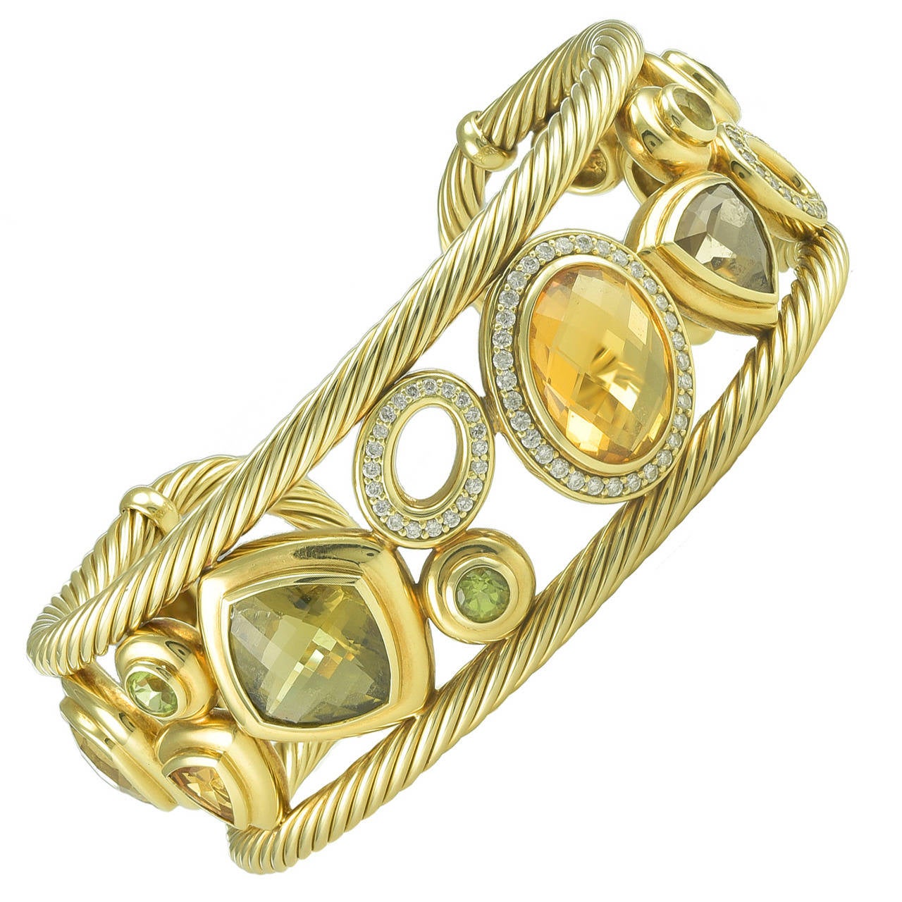 Gorgeous David Yurman Citrine Diamond Gold Mosaic Bracelet Cuff For Sale