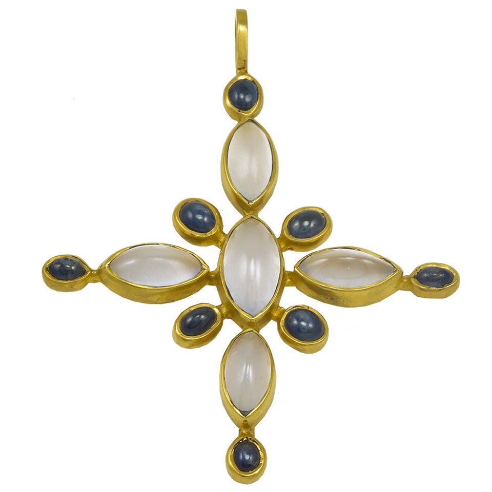 Beautiful Virginia Witbeck Chalcedony Sapphire Gold Cross Pendant For Sale