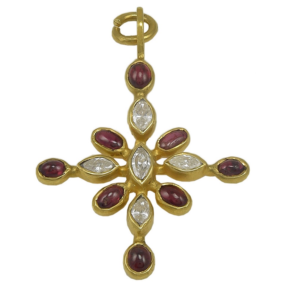 Stunning Virginia Witbeck Ruby Diamond Gold Cross Pendant For Sale