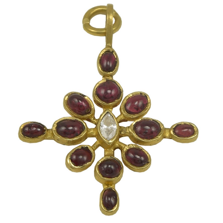 Lovely Virginia Witbeck Ruby Diamond Gold Cross Pendant For Sale