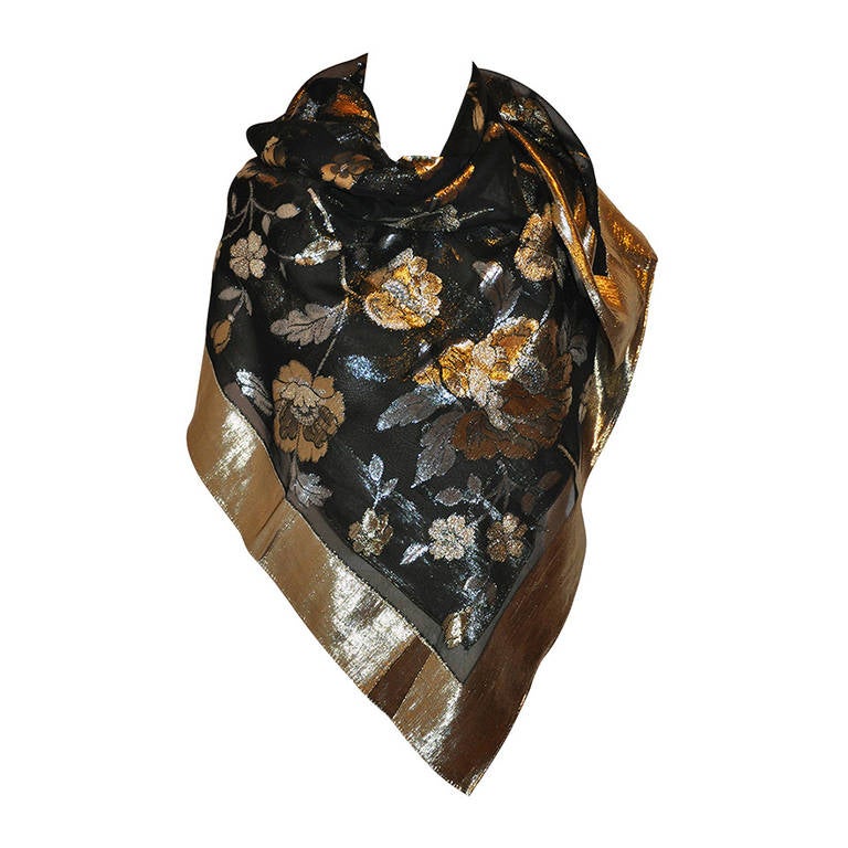 Yves Saint Laurent Gold & Silver Lame Brocade Chiffon Floral Scarf