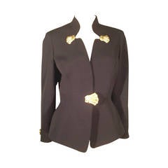 1980s Thierry Mugler Black Gaberdine Jacket with Gold Fabric Shell Embellishment 1