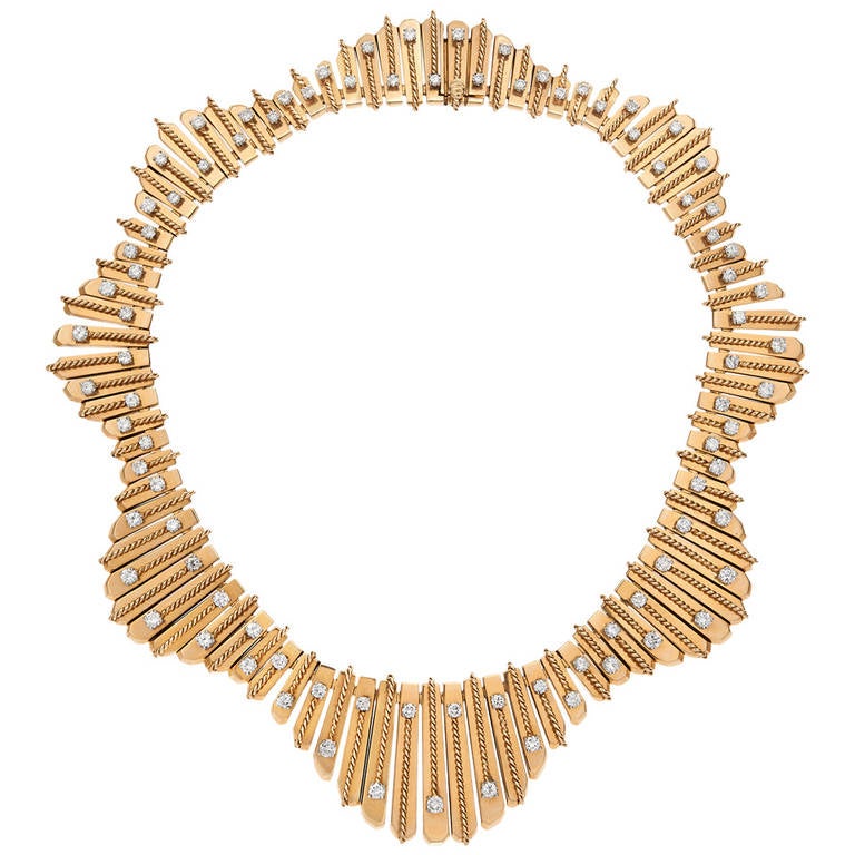 1950's Cartier Paris Diamond Gold Undulating Fringe Necklace