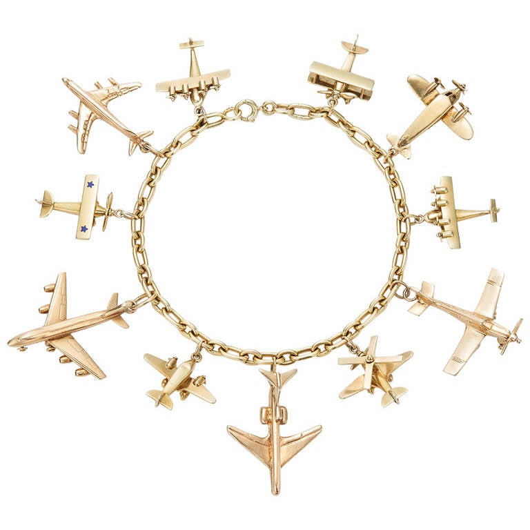 Yellow Gold Airplane Charm Bracelet