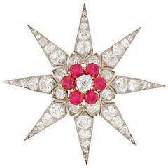 Victorian Ruby Diamond Star Brooch
