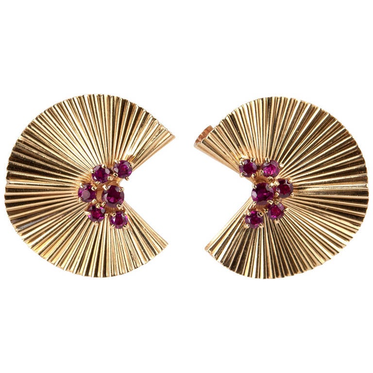 Tiffany & Co. Ruby Gold Fluted Clip Earrings For Sale