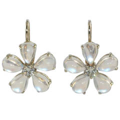 Moonstone Diamond  White Gold Flower Design Drop Earrings