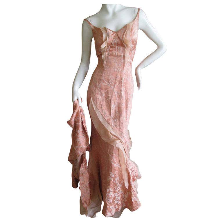Nina Ricci by Olivier Theyskens pink silk floor length dress with train ...