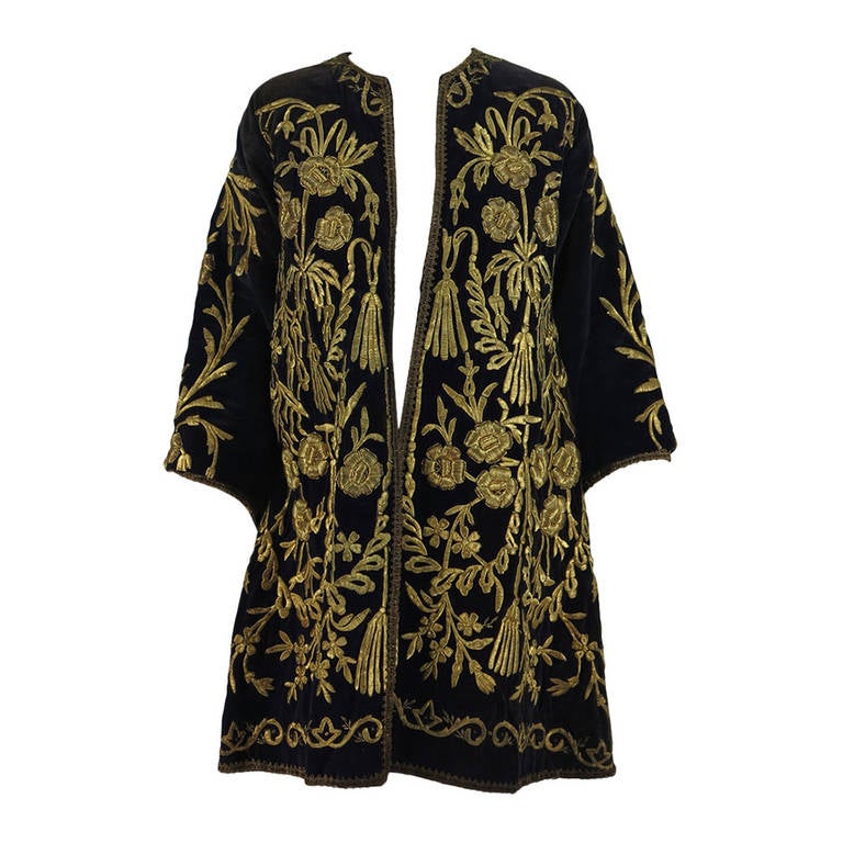 19th Century Ottoman Empire gold metallic embroidered velvet coat