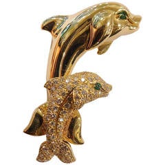 Vintage Cartier Paris Diamond Gold Diving Dolphins Pin