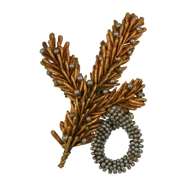 Miriam Haskell  Gilt Pine Frond and Seed Pearl Brooch For Sale