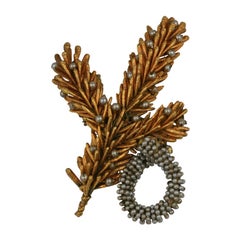 Vintage Miriam Haskell  Gilt Pine Frond and Seed Pearl Brooch