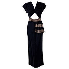 1930's Metallic-Gold Sequin Embroidered Black Rayon Cut-Out Deco Evening Gown