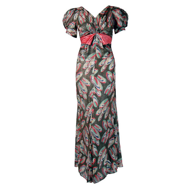 1930's Colorful Atomic Deco Print-Lame Puff Sleeve Hourglass Bias-Cut Gown