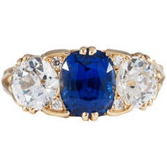 Victorian Three Stone Sapphire Diamond Gold Engagement Ring