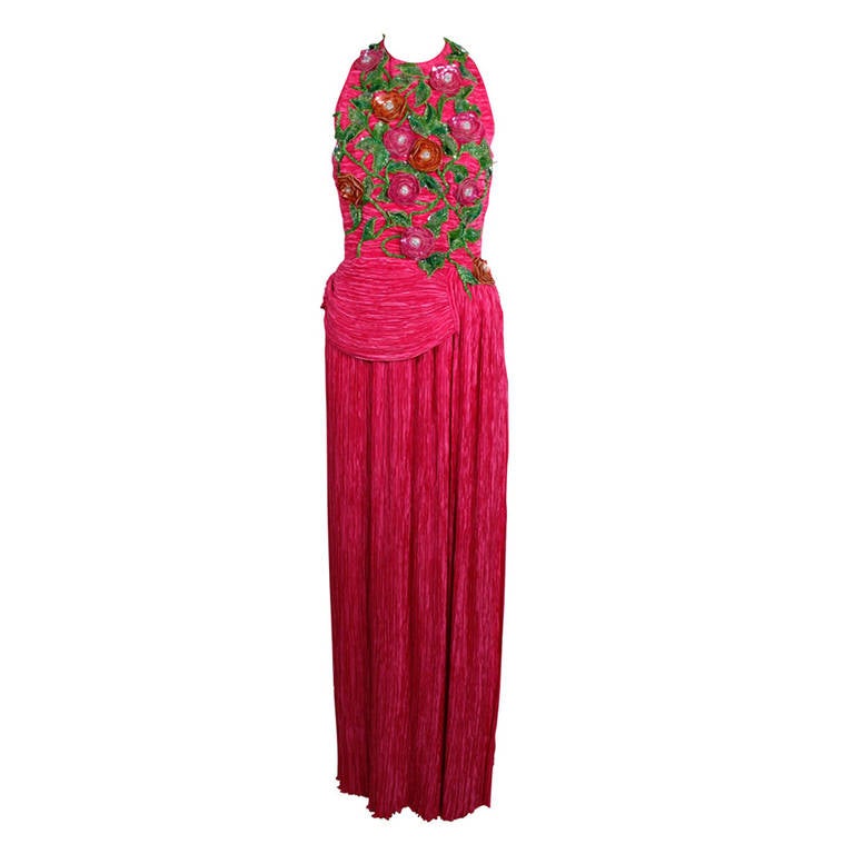 Mary McFadden 1990s Fuchsia and Sequin Floral Appliqué Halter Gown For Sale