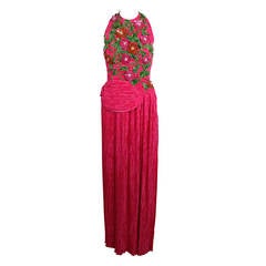 Mary McFadden 1990s Fuchsia and Sequin Floral Appliqué Halter Gown