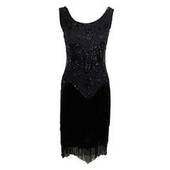 1920s Jet Black Beaded Fringe Flapper Dress