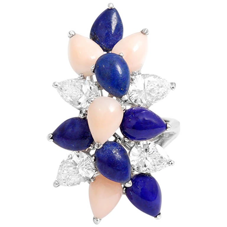Tiffany & Co. Stunning Lapis Coral Diamond Platinum Ring