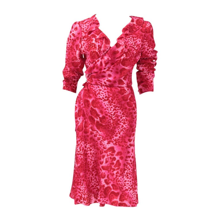 Documented Emanuel Ungaro Silk Leopard Print Wrap Dress, Spring-Summer 2000 For Sale