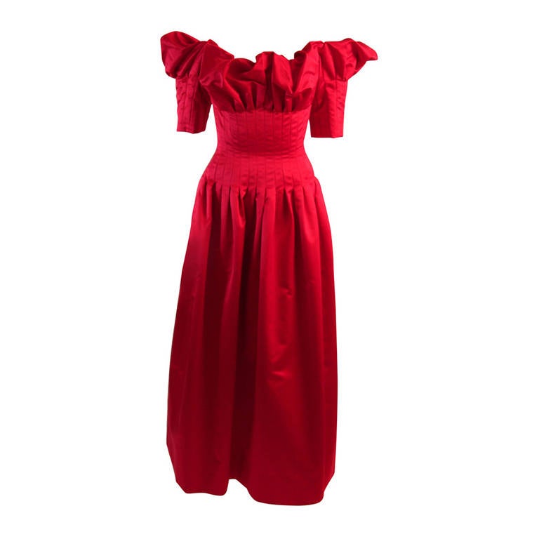 Stunning Nolan Miller Cardinal Red Tufted Silk Gown For Sale