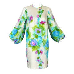 1960s Mr Blackwell Hand Painted Silk Dress with Balloon Sleeves