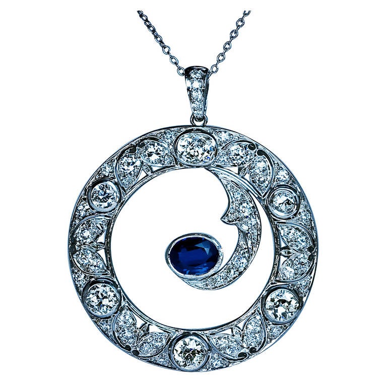 Art Deco Sapphire Diamond Gold Half Moon Pendant