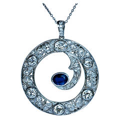 Art Deco Sapphire Diamond Gold Half Moon Pendant