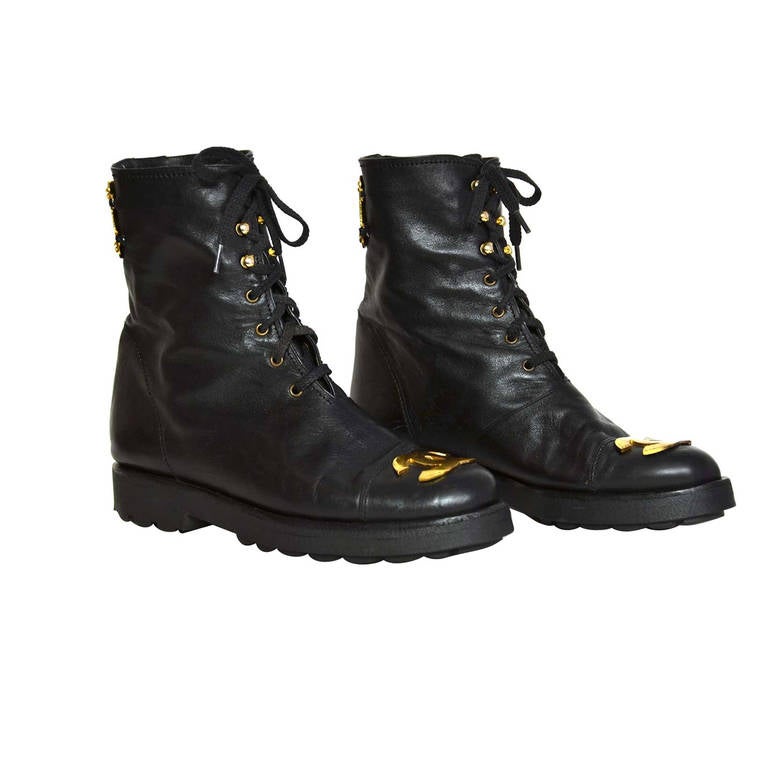 Chanel RARE Black Leather Vintage Combat Short Boots w/ Gold CC Plaque sz. 38.5