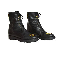 Chanel RARE Black Leather Vintage Combat Short Boots w/ Gold CC Plaque sz. 38.5