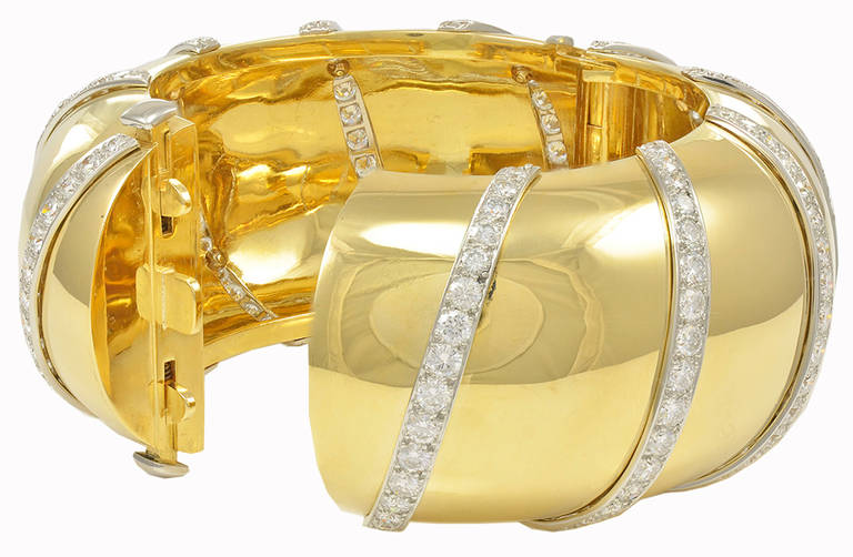 Most amazing heavy 18K wide domed bangle with diamonds. 2