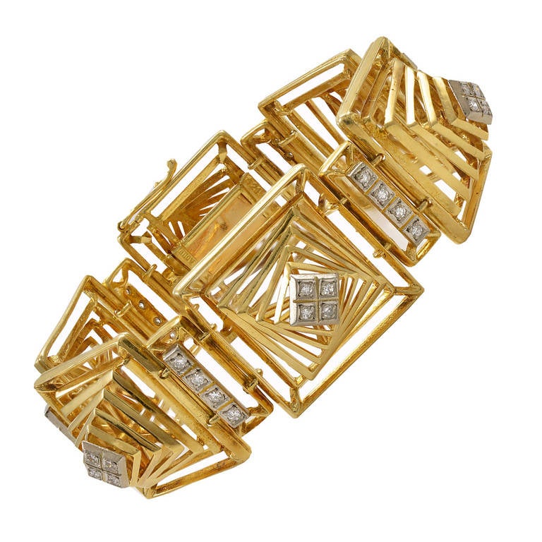 Rare Lalaounis Diamond Gold Geometric Bracelet For Sale