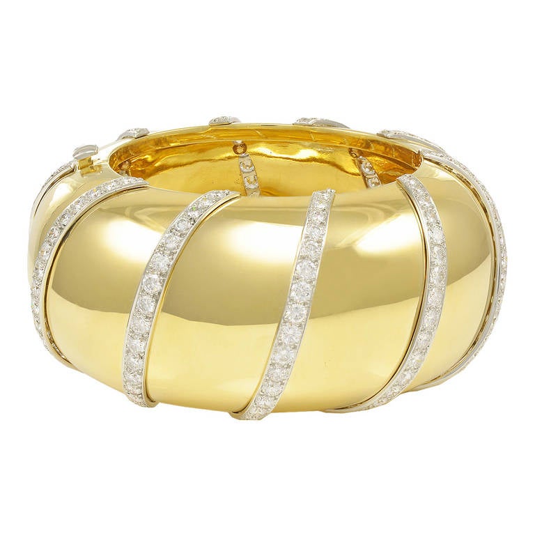 Majestic and Tres Chic Wide Diamond Gold Bangle For Sale