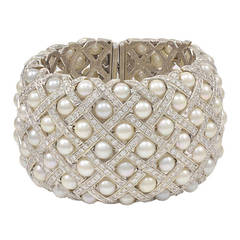 Fabulous Wide Pearl Diamond Cuff Bracelet